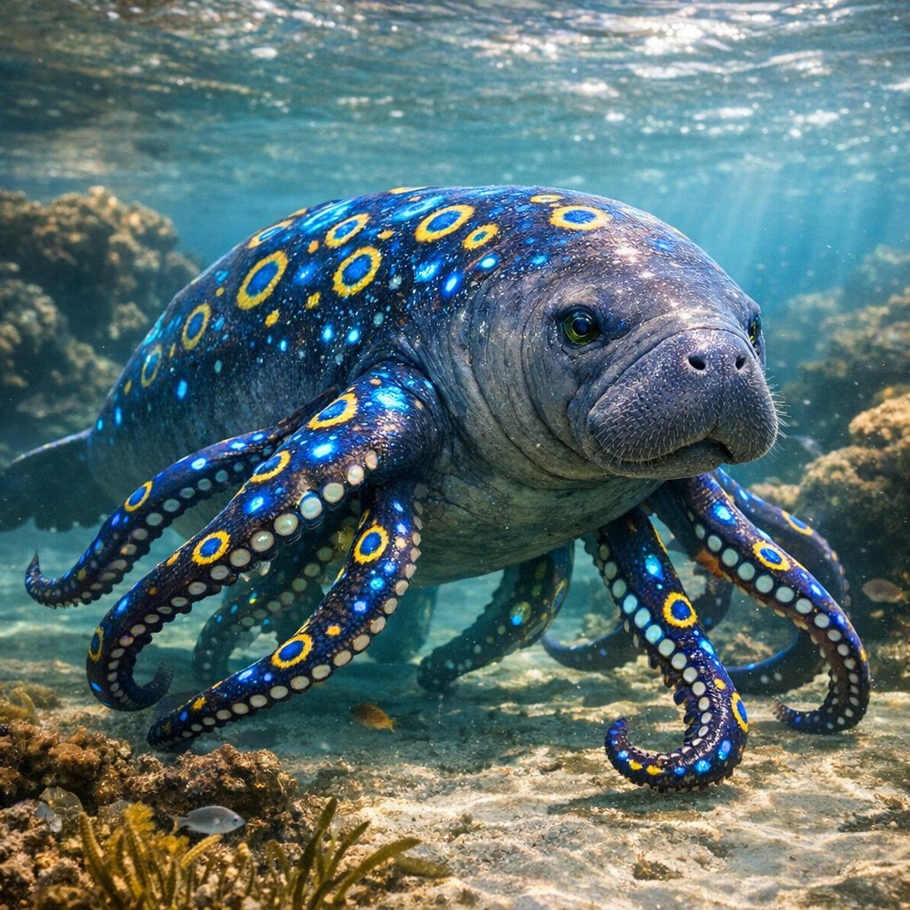 Octomantee, an AI-generated hybrid of blue ring octopus and Manatee