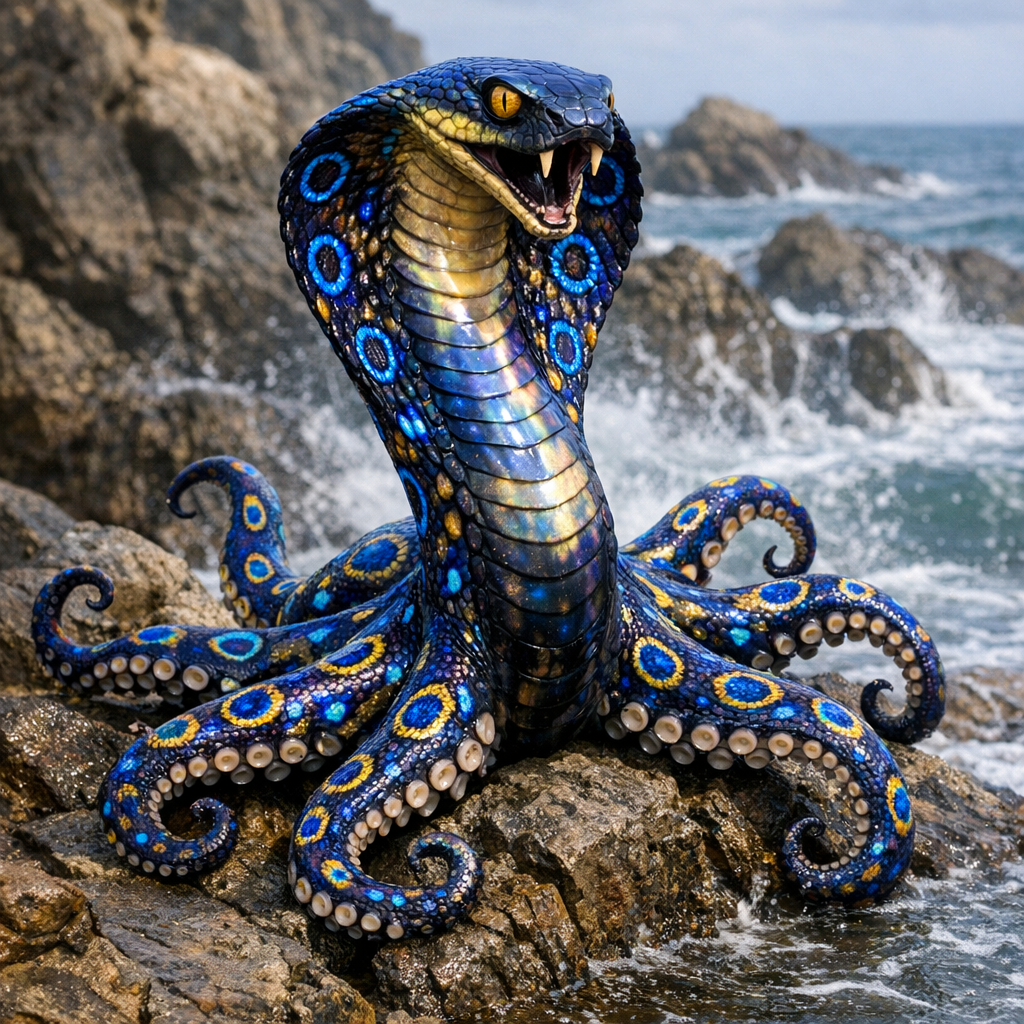 Cobraocto, an AI-generated hybrid of Cobra and blue ring octopus