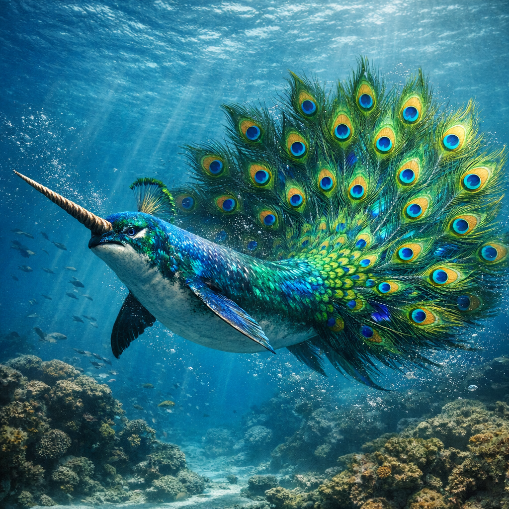 Narpeacock, an AI-generated hybrid of Narwhal and Peacock