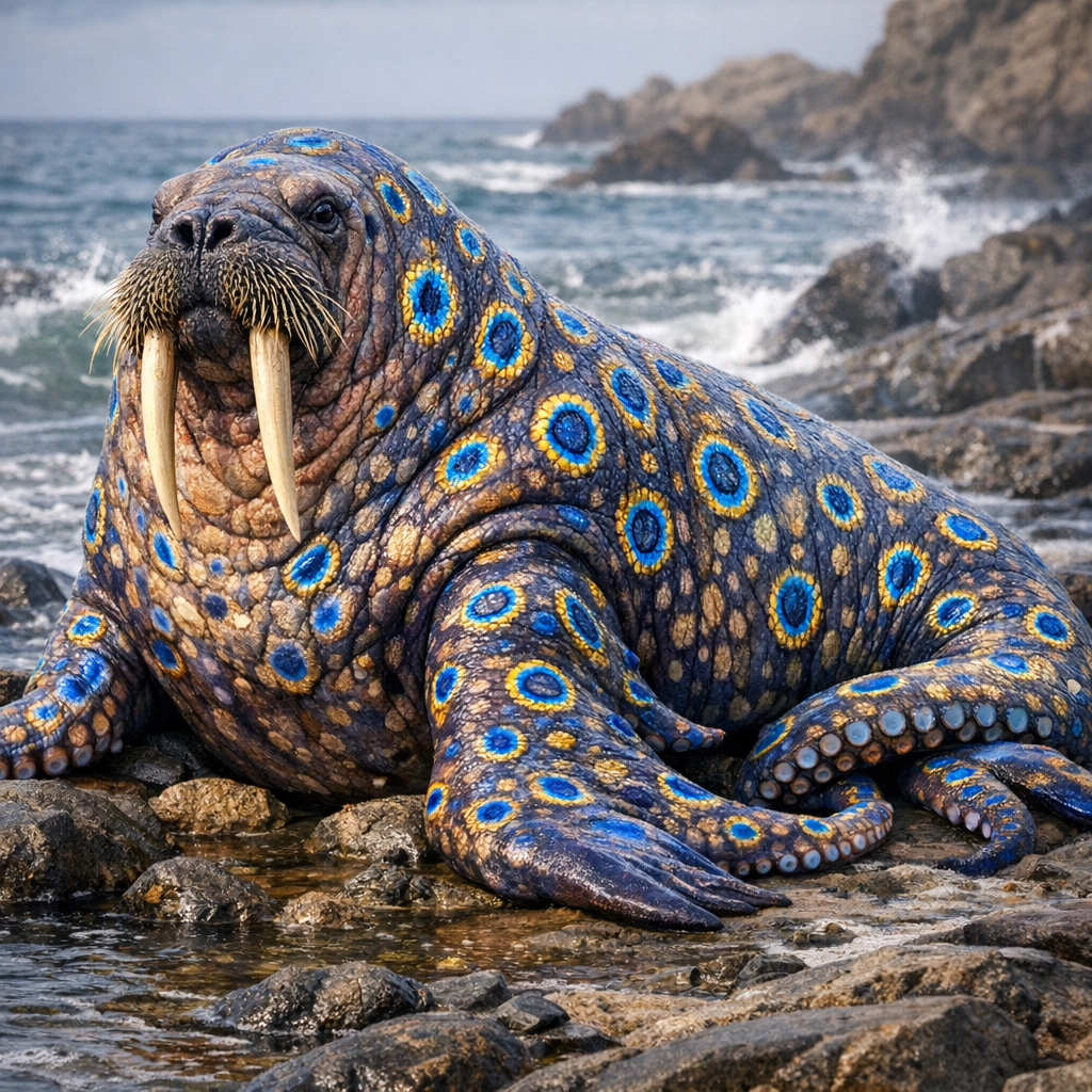Walrusopus, an AI-generated hybrid of Walrus and blue ring octopus