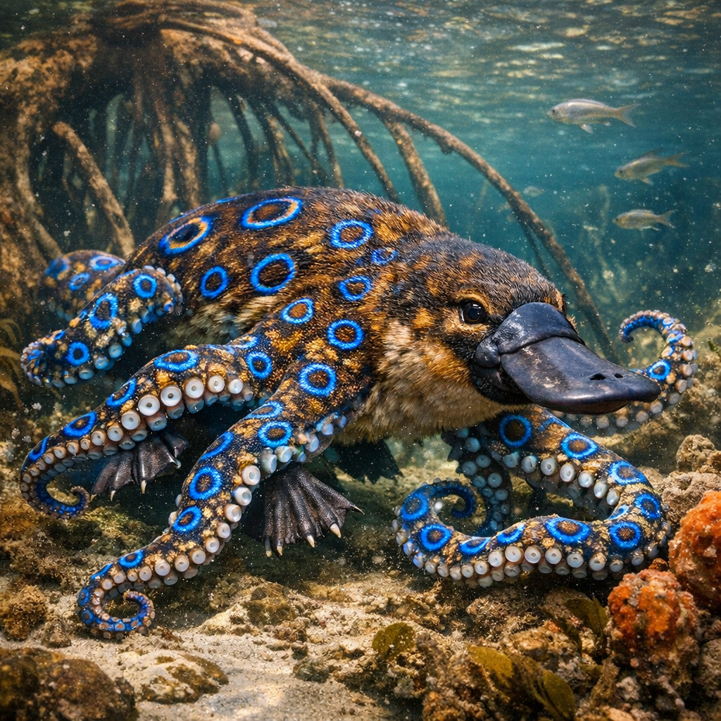 Platypusocto, an AI-generated hybrid of Platypus and blue ring octopus