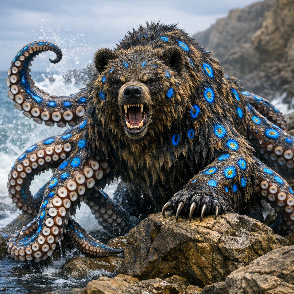 OctoBear, an AI-generated hybrid of Bear and blue ring octopus