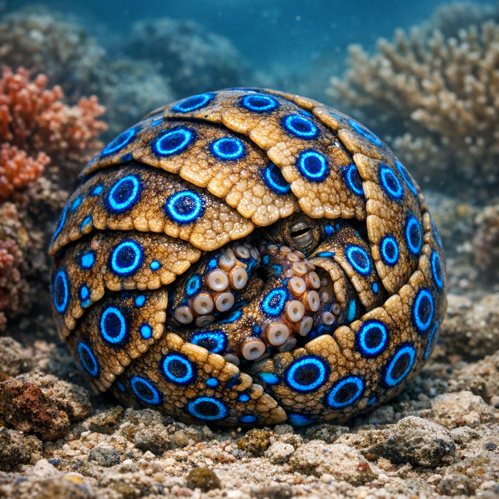 Armadilloctopus, an AI-generated hybrid of Armadillo and blue ring octopus