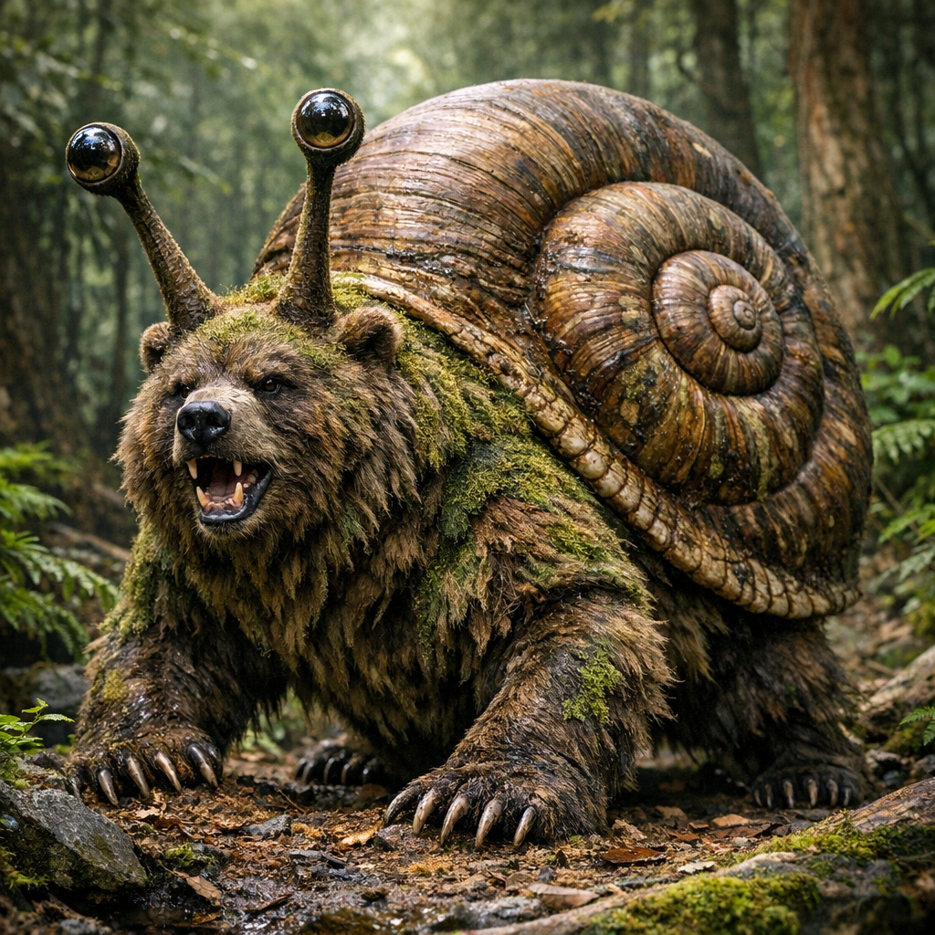 Snailbear, an AI-generated hybrid of Snail and Bear