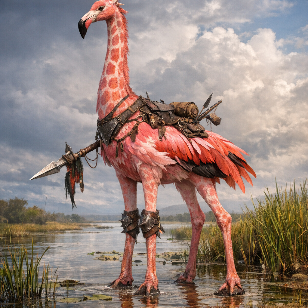 Fliraffe, an AI-generated hybrid of Flamingo and Giraffe