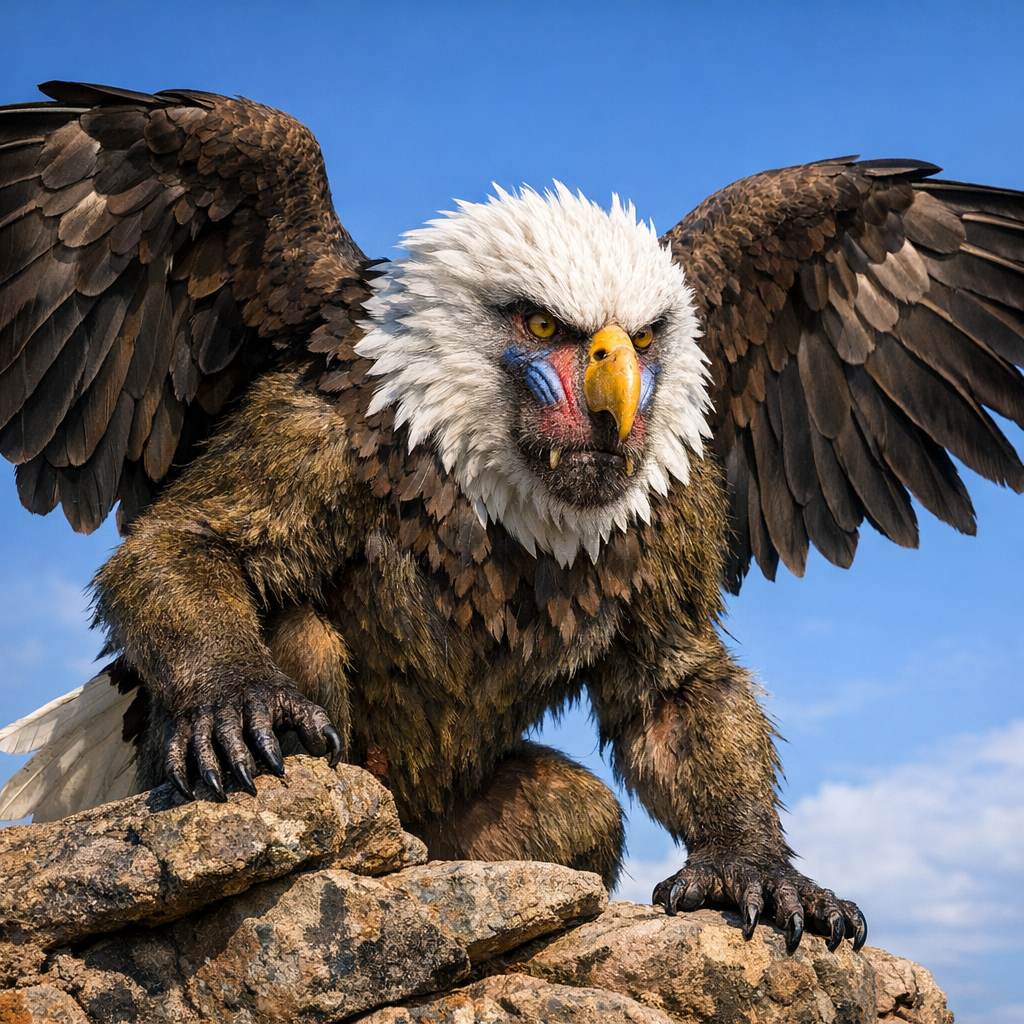 Baldaboona, an AI-generated hybrid of Bald Eagle and Baboon