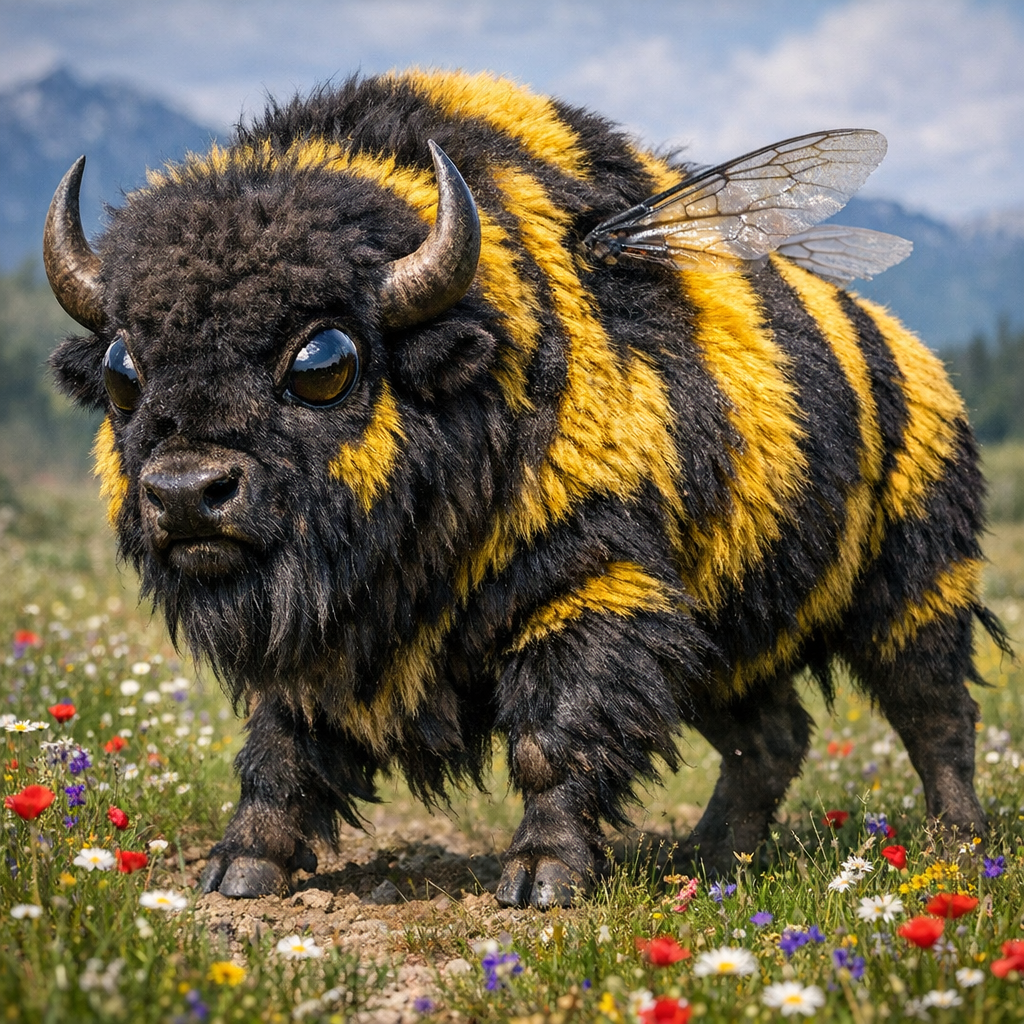 Bumblebison, an AI-generated hybrid of Bison and Bumblebee