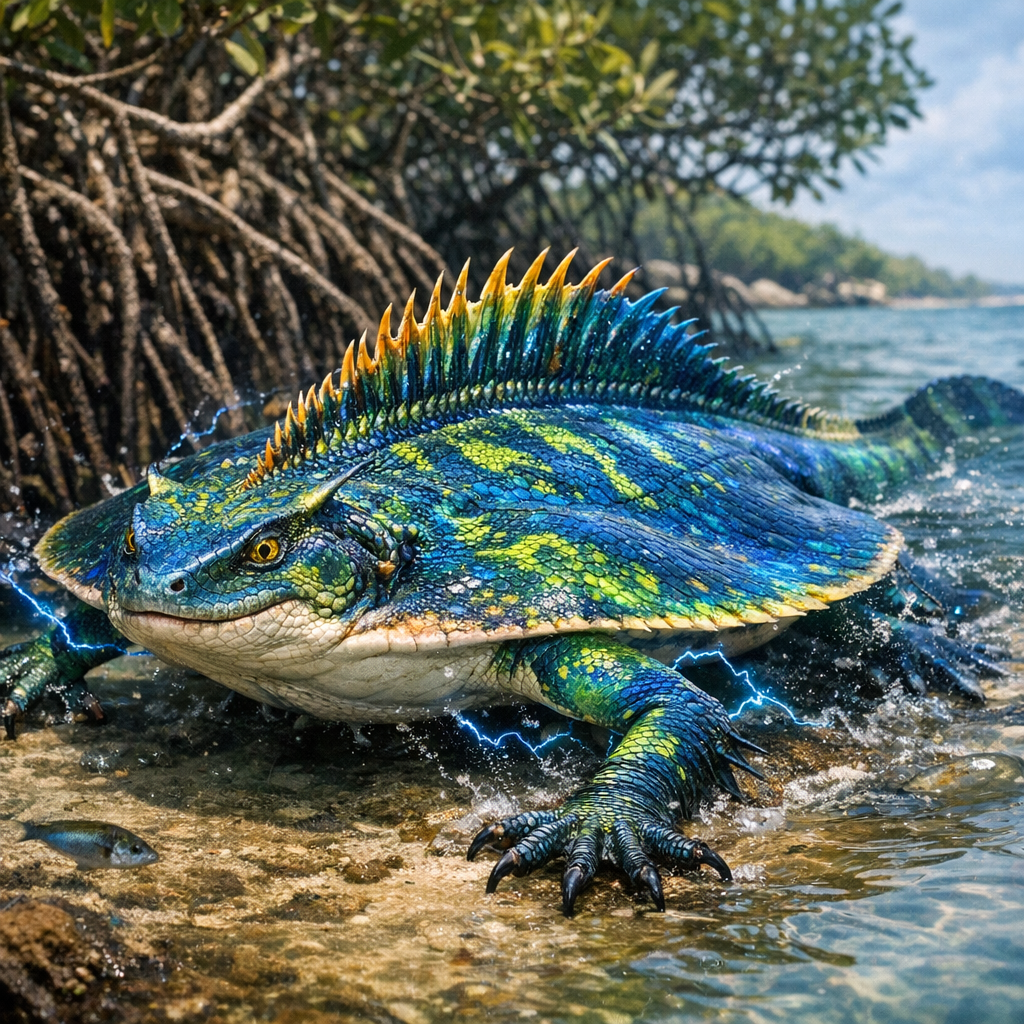 Electraguanodon, an AI-generated hybrid of Electric Ray and Iguana