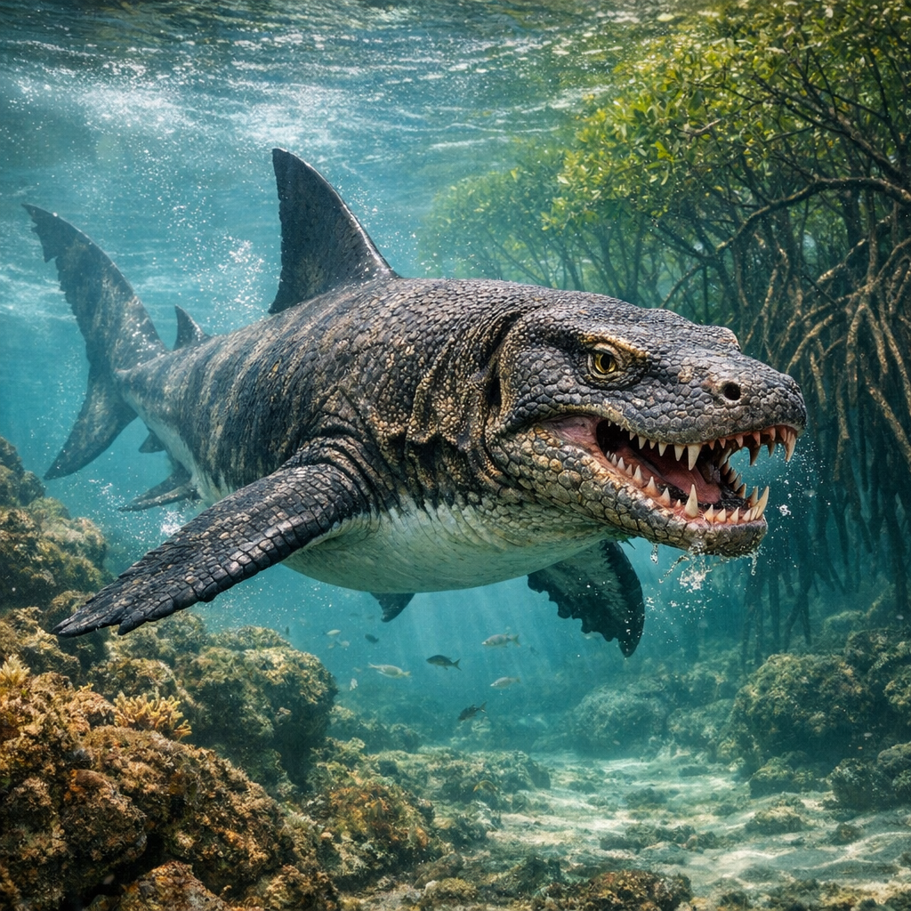 Komodo Shark, an AI-generated hybrid of Komodo Dragon and great white shark