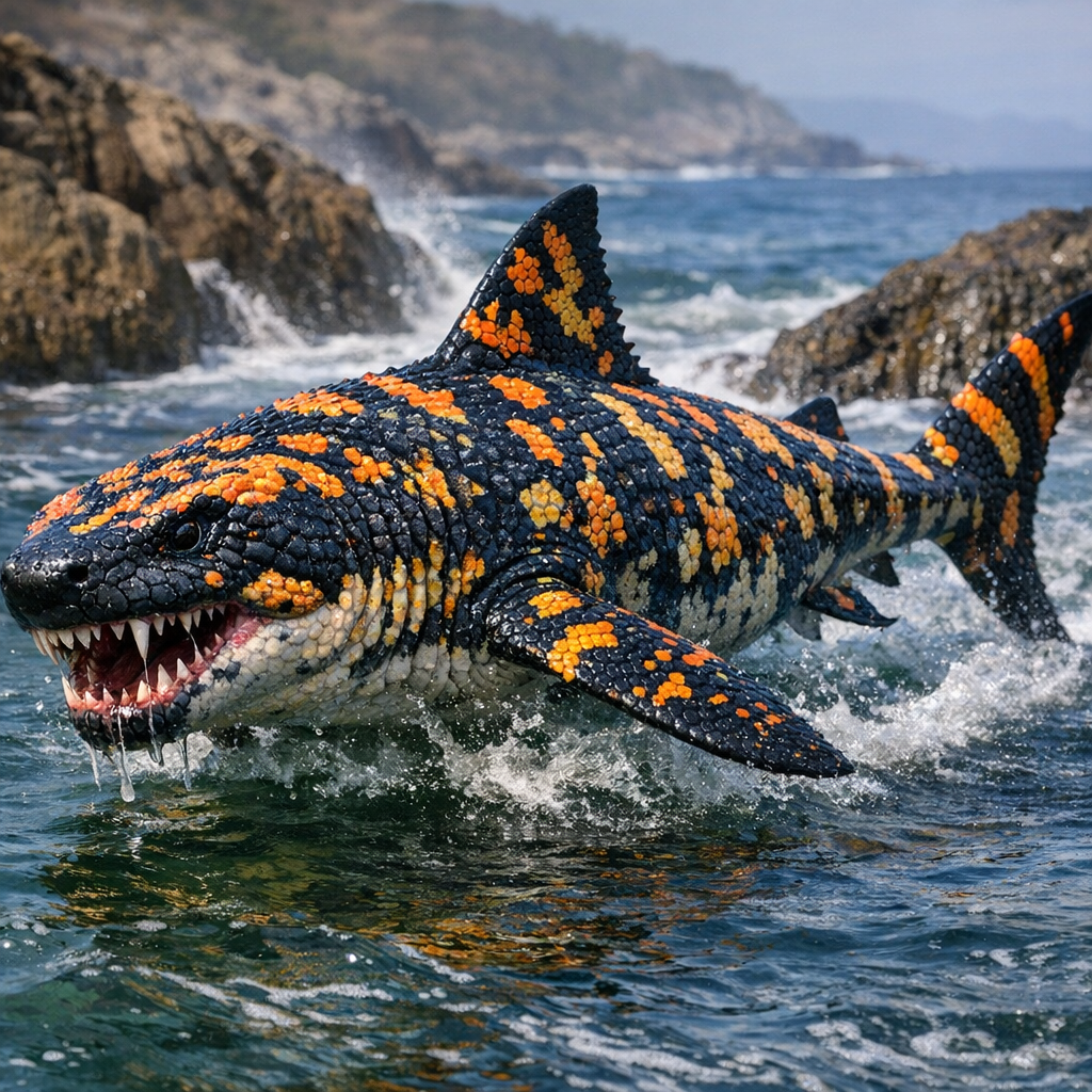 Gila Shark, an AI-generated hybrid of great white shark and Gila monster