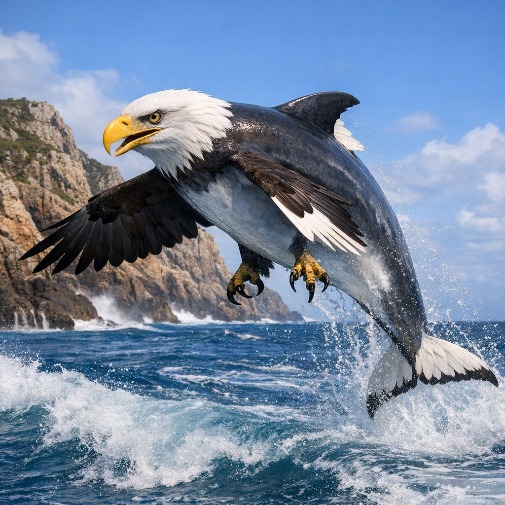 Baldolphin, an AI-generated hybrid of Bald Eagle and Dolphin