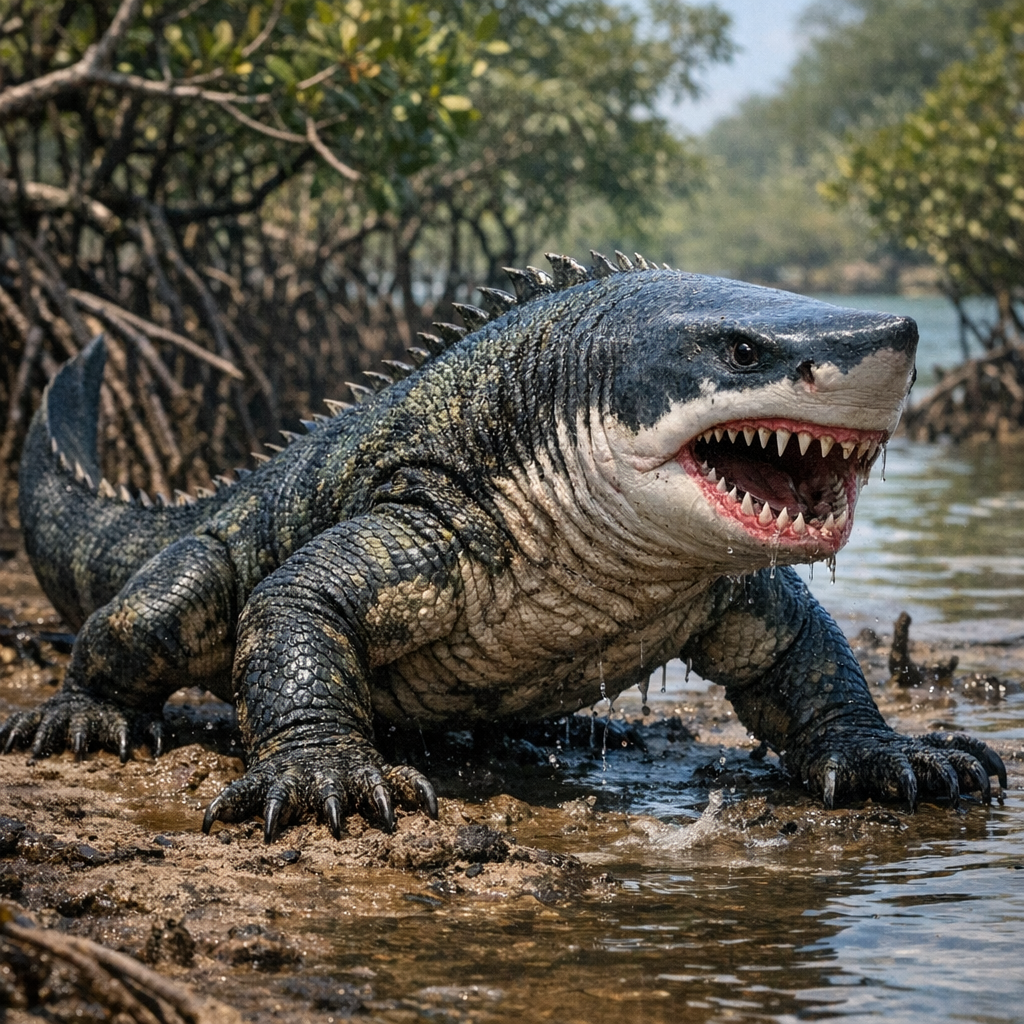 Komodoshark, an AI-generated hybrid of Komodo Dragon and great white shark