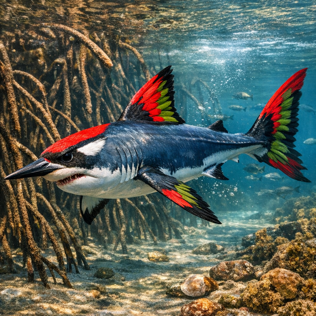 Sharkpecker, an AI-generated hybrid of great white shark and Woodpecker