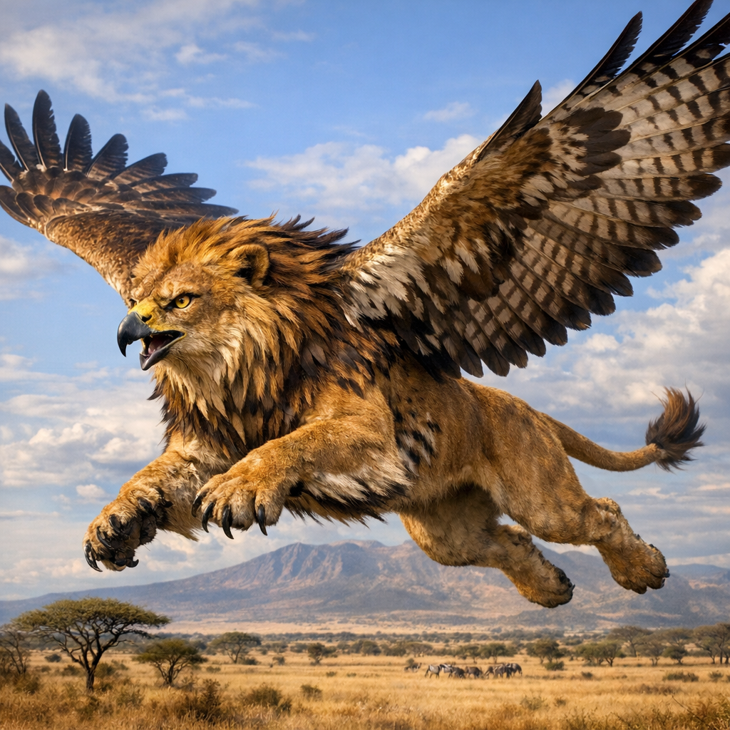 Falion, an AI-generated hybrid of falcon and Lion