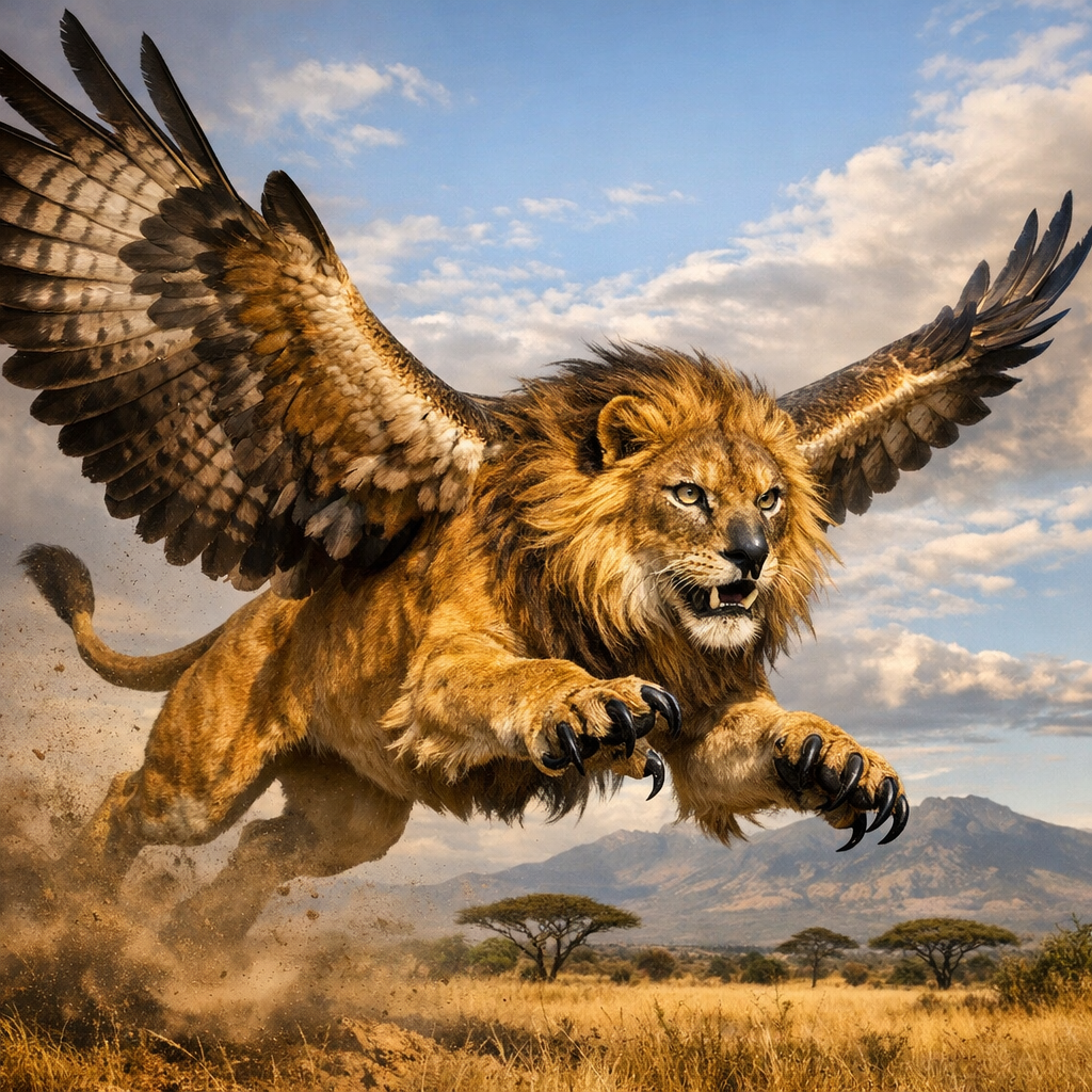 Falion, an AI-generated hybrid of falcon and Lion
