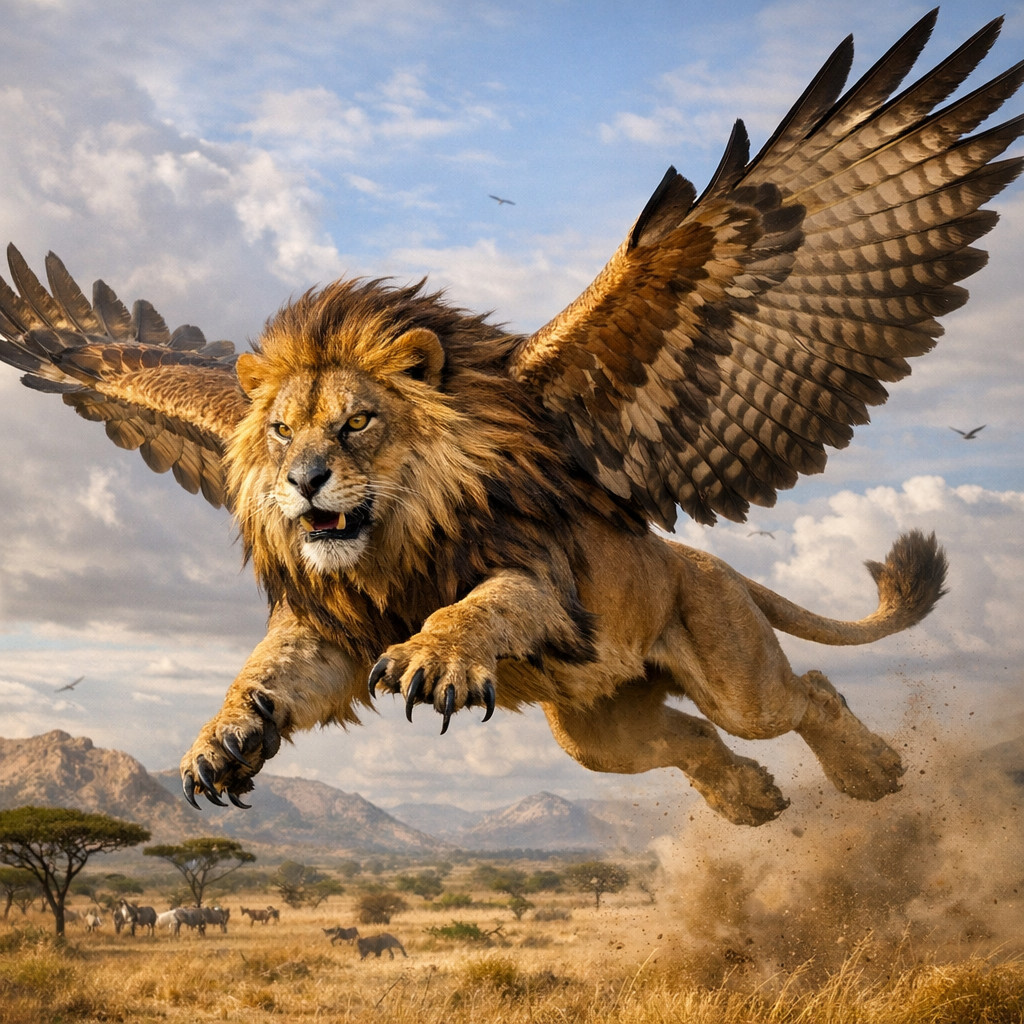 Falion, an AI-generated hybrid of falcon and Lion