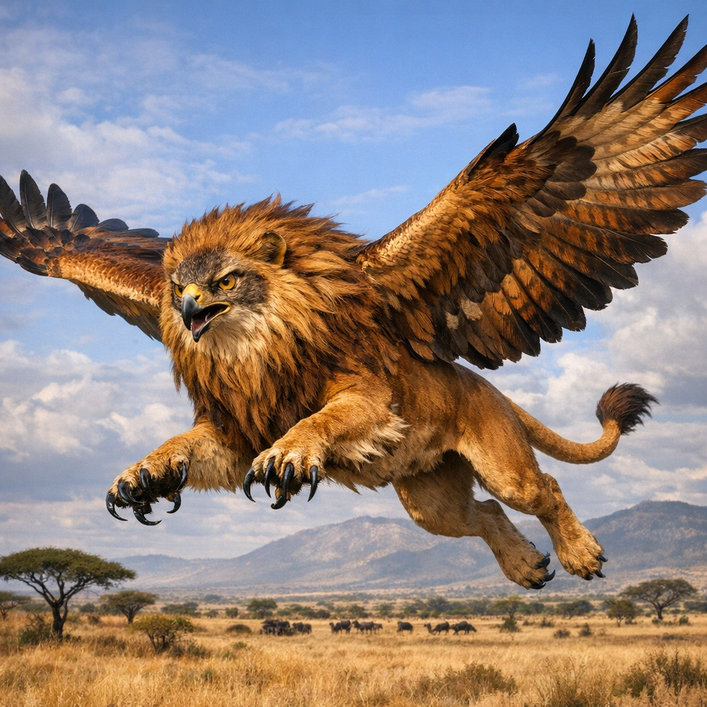 Falcior, an AI-generated hybrid of falcon and Lion