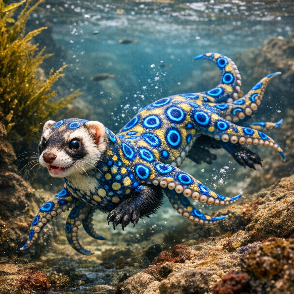 Octofret, an AI-generated hybrid of blue ring octopus and Ferret