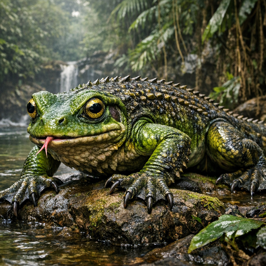 Frogodo Dragon, an AI-generated hybrid of Frog and Komodo Dragon