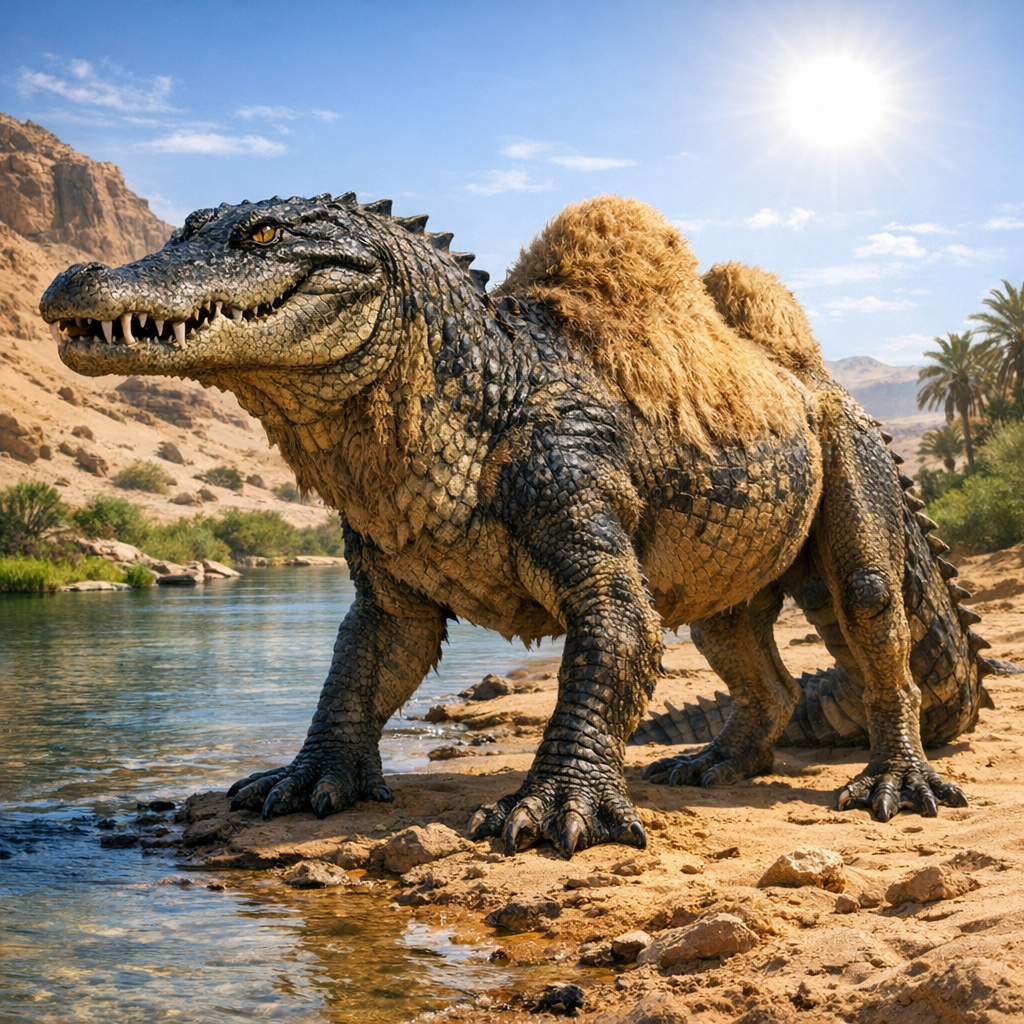 AlliCamel, an AI-generated hybrid of Alligator and Camel