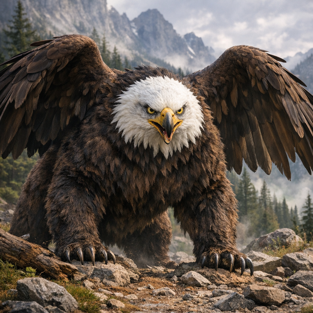 Eaglebear, an AI-generated hybrid of Bald Eagle and Bear