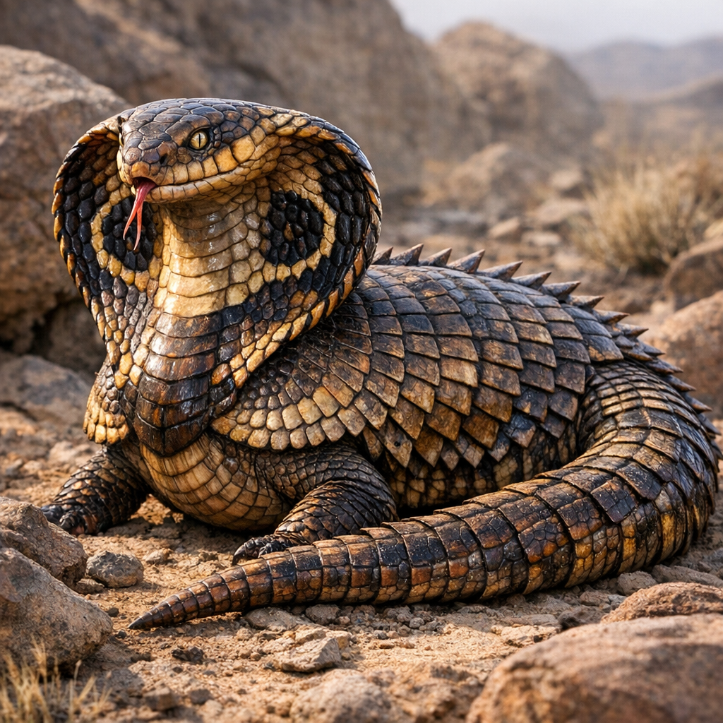 Cobra-dillo, an AI-generated hybrid of Armadillo and Cobra