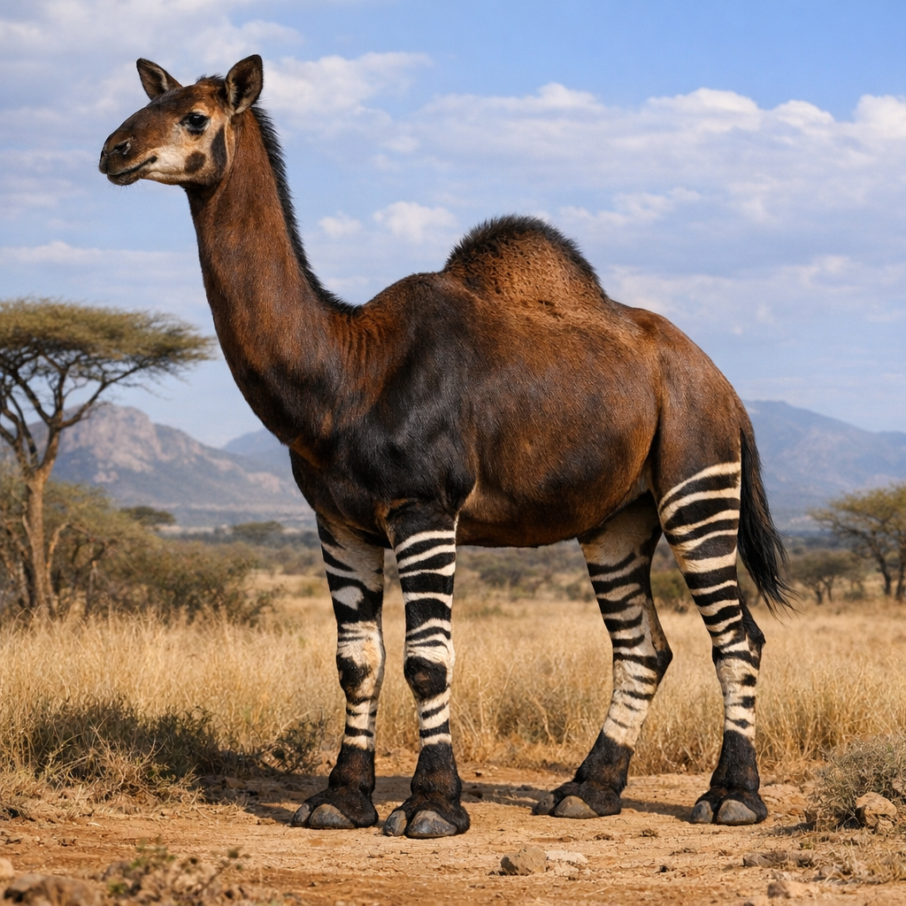 Okacamel, an AI-generated hybrid of Okapi and Camel