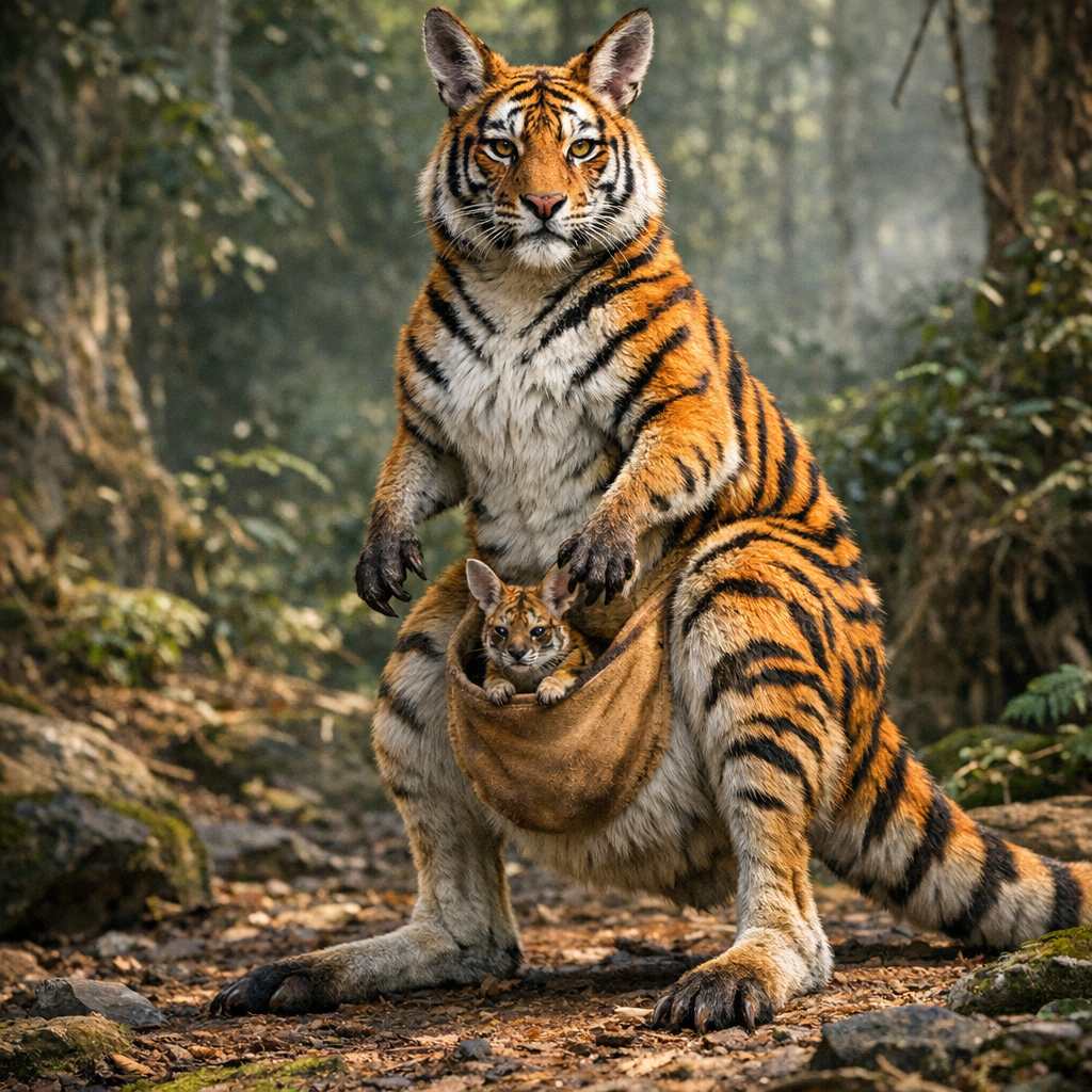 Tigroo, an AI-generated hybrid of Tiger and Kangaroo