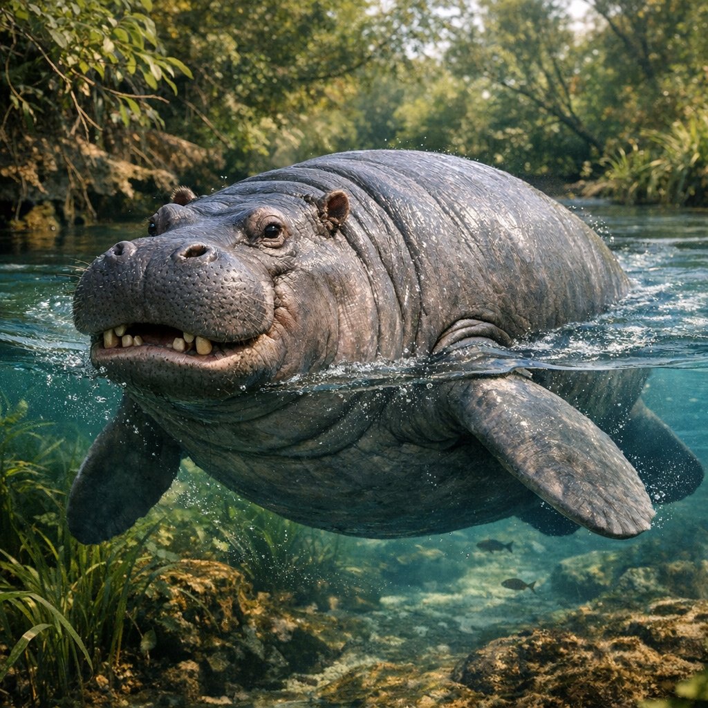 HippoManatee, an AI-generated hybrid of Hippopotamus and Manatee