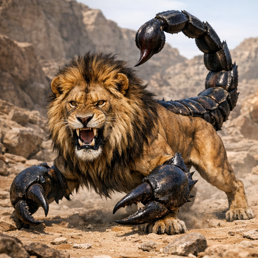 Lioncorpio, an AI-generated hybrid of Lion and Scorpion