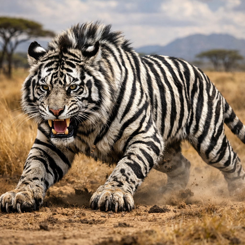 Tigebra, an AI-generated hybrid of Tiger and Zebra