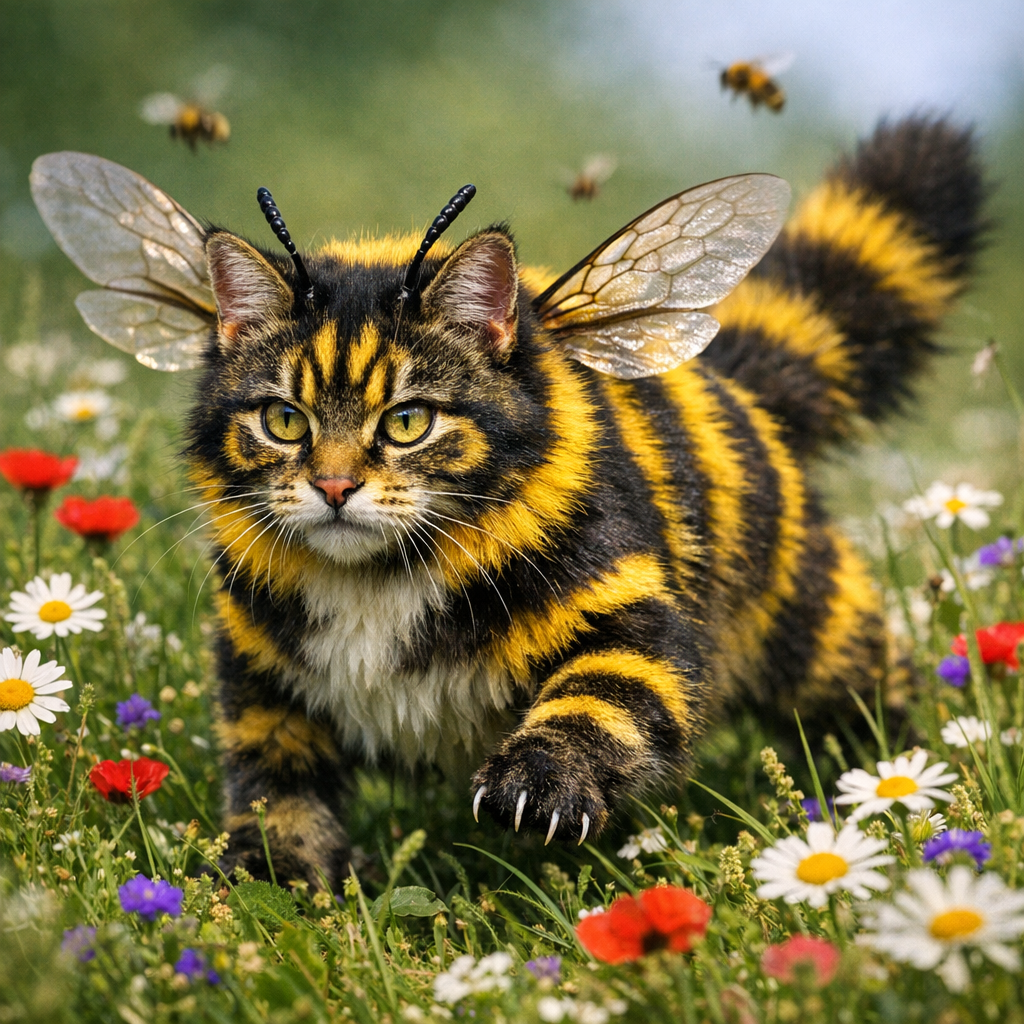Bumblecat, an AI-generated hybrid of Bumblebee and Cat