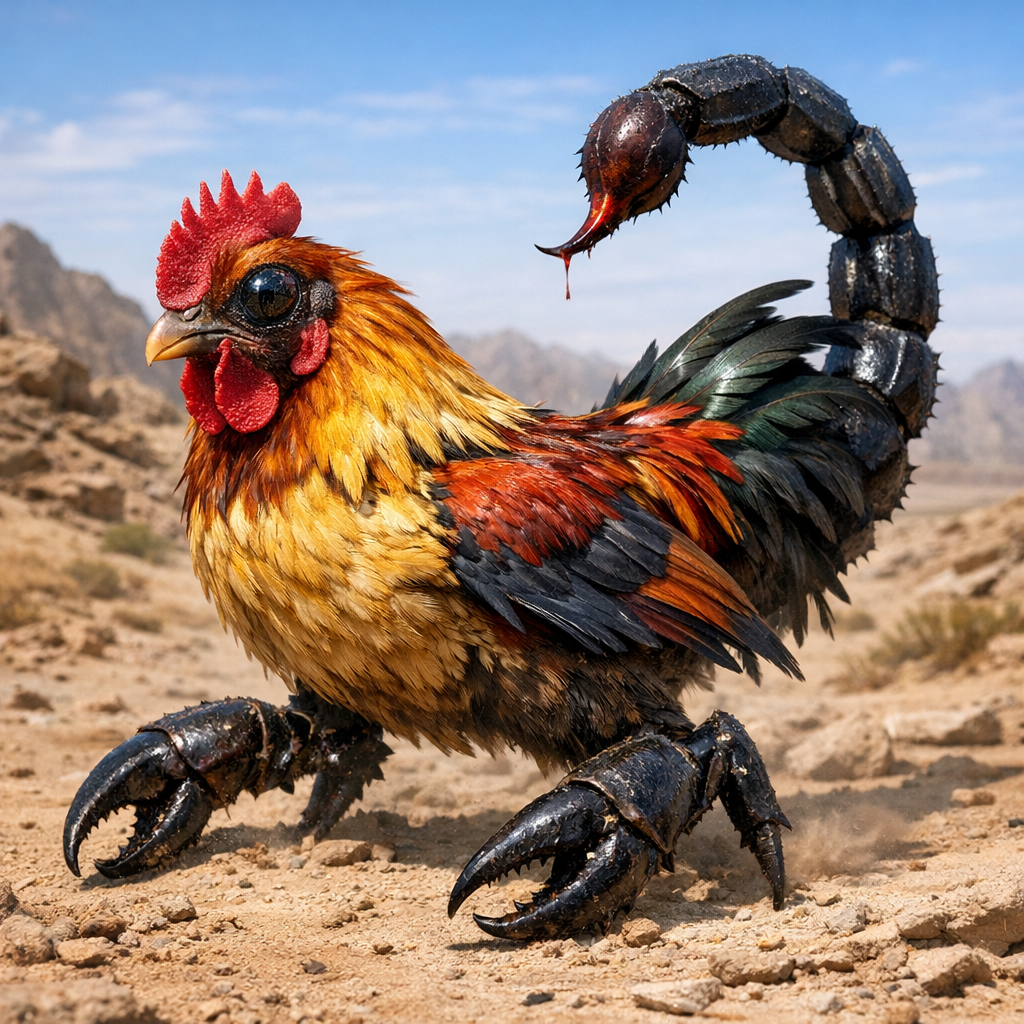 Chickorpion, an AI-generated hybrid of Chicken and Scorpion
