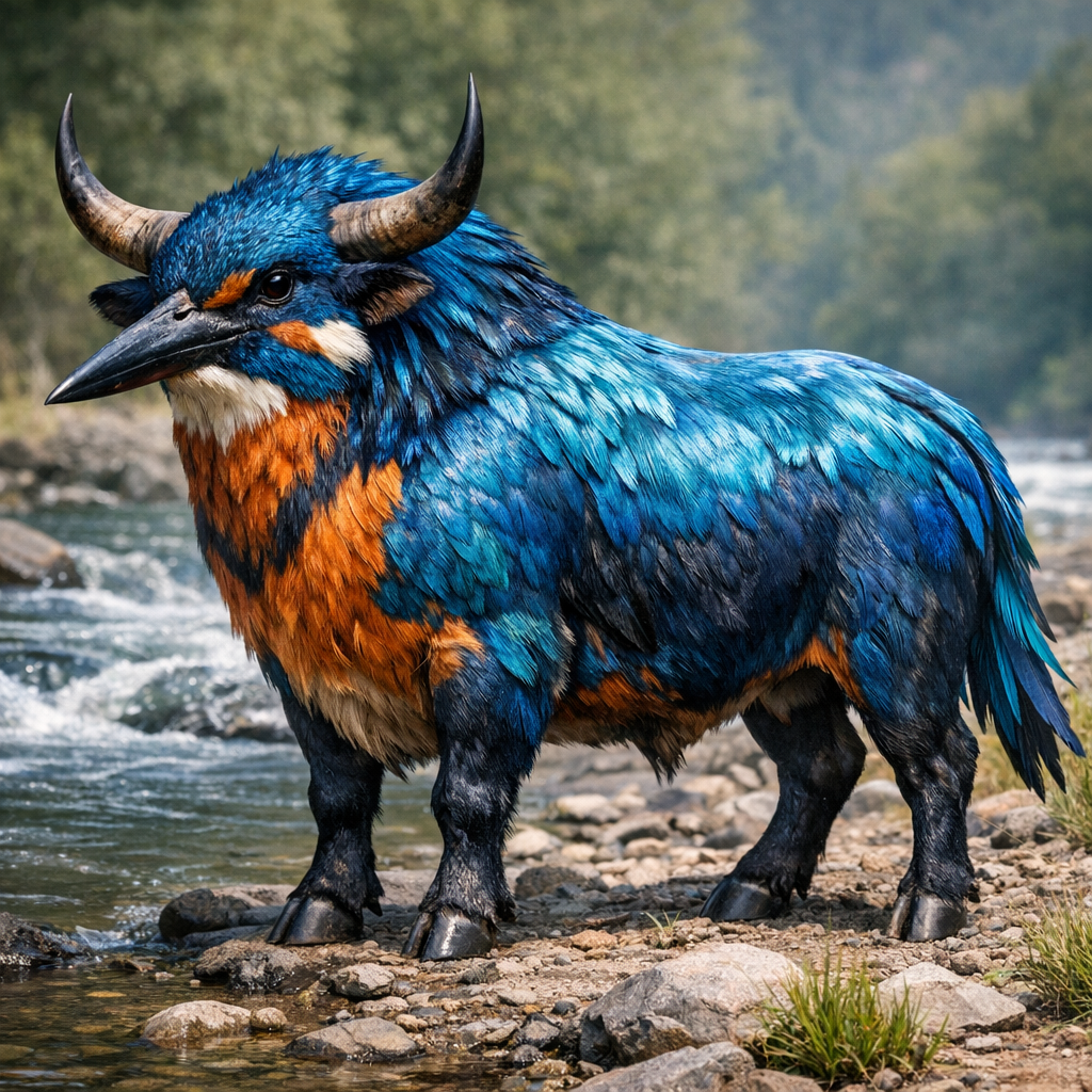 Oxfisher, an AI-generated hybrid of Ox and Kingfisher