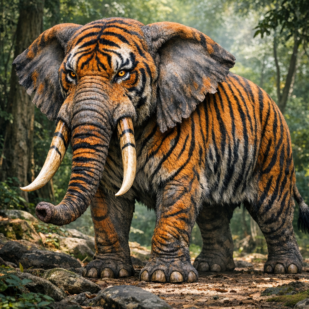Elephiger, an AI-generated hybrid of Elephant and Tiger