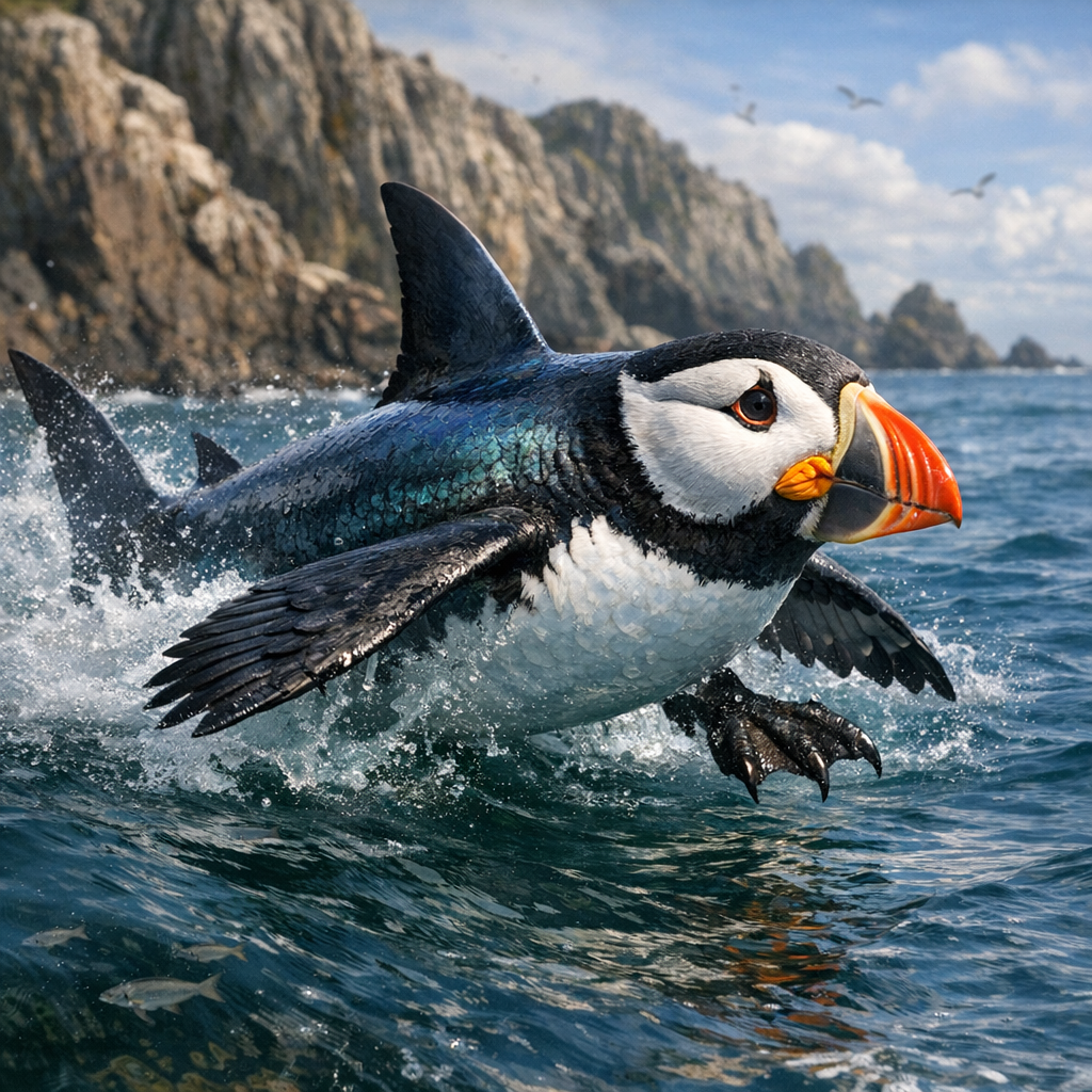 Shuffin, an AI-generated hybrid of Shark and Puffin