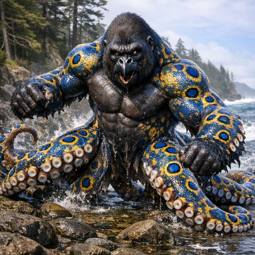 Gorilloctopus, an AI-generated hybrid of Gorilla and blue ring octopus
