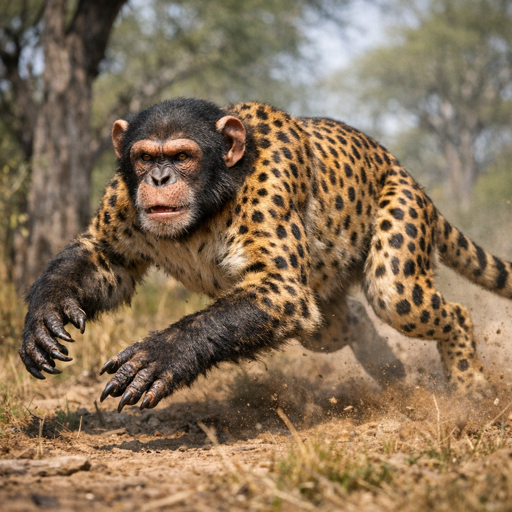 Chimpaneta, an AI-generated hybrid of Chimpanzee and Cheetah