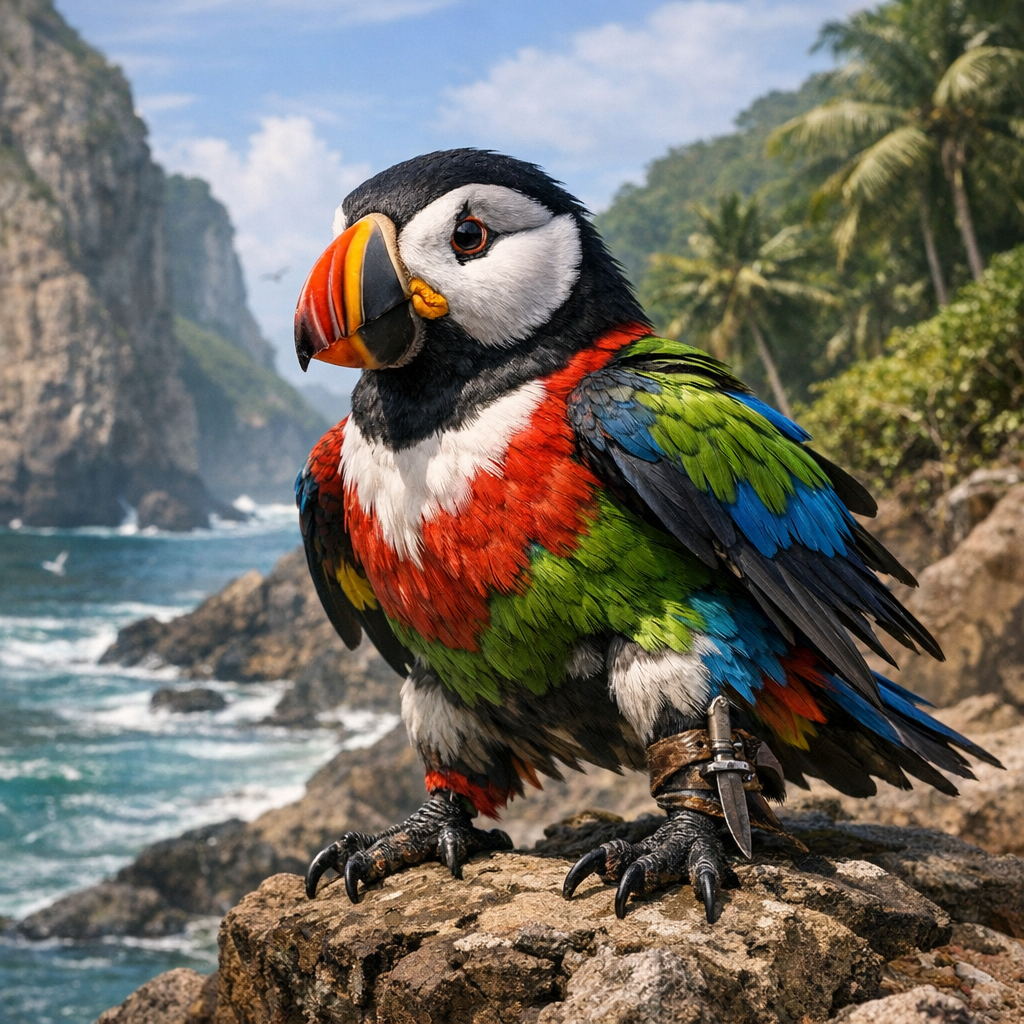 Puffarrot, an AI-generated hybrid of Puffin and Parrot