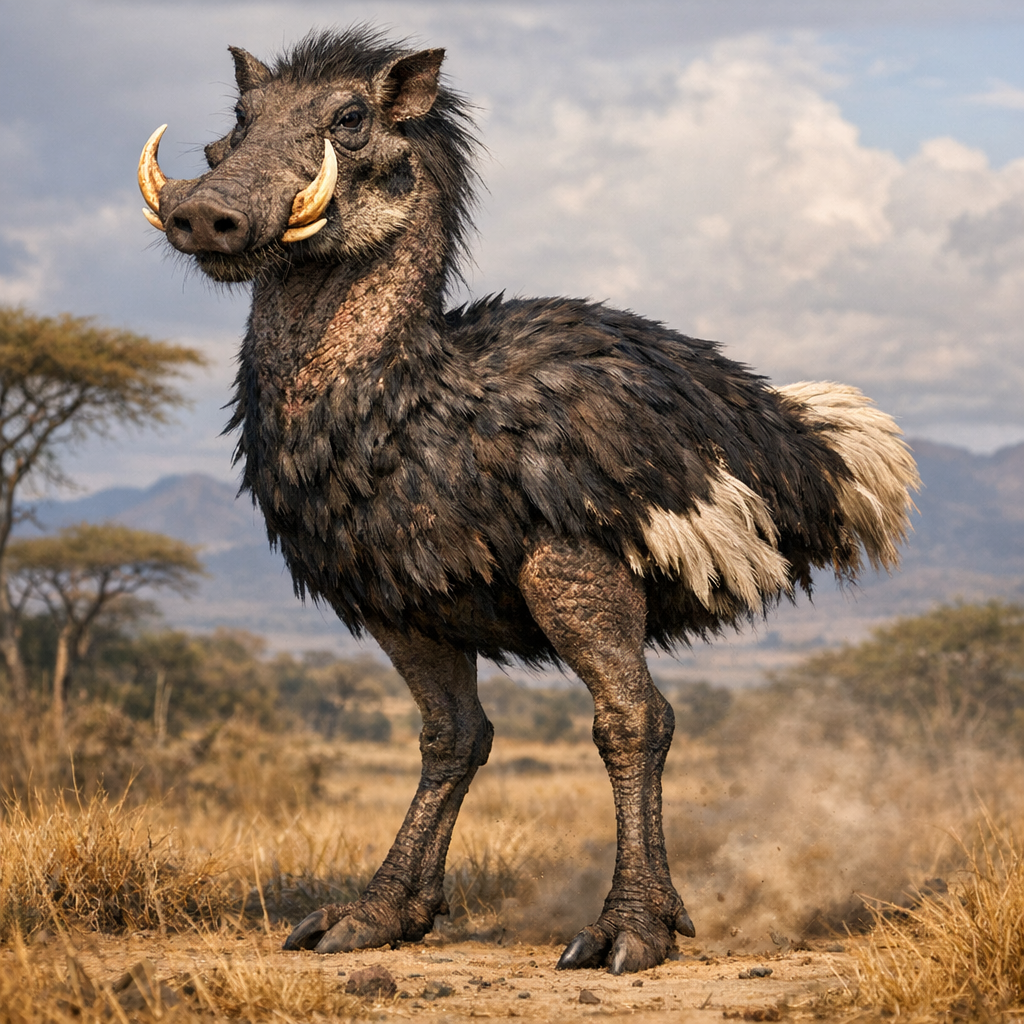 Ostrihog, an AI-generated hybrid of Ostrich and Warthog