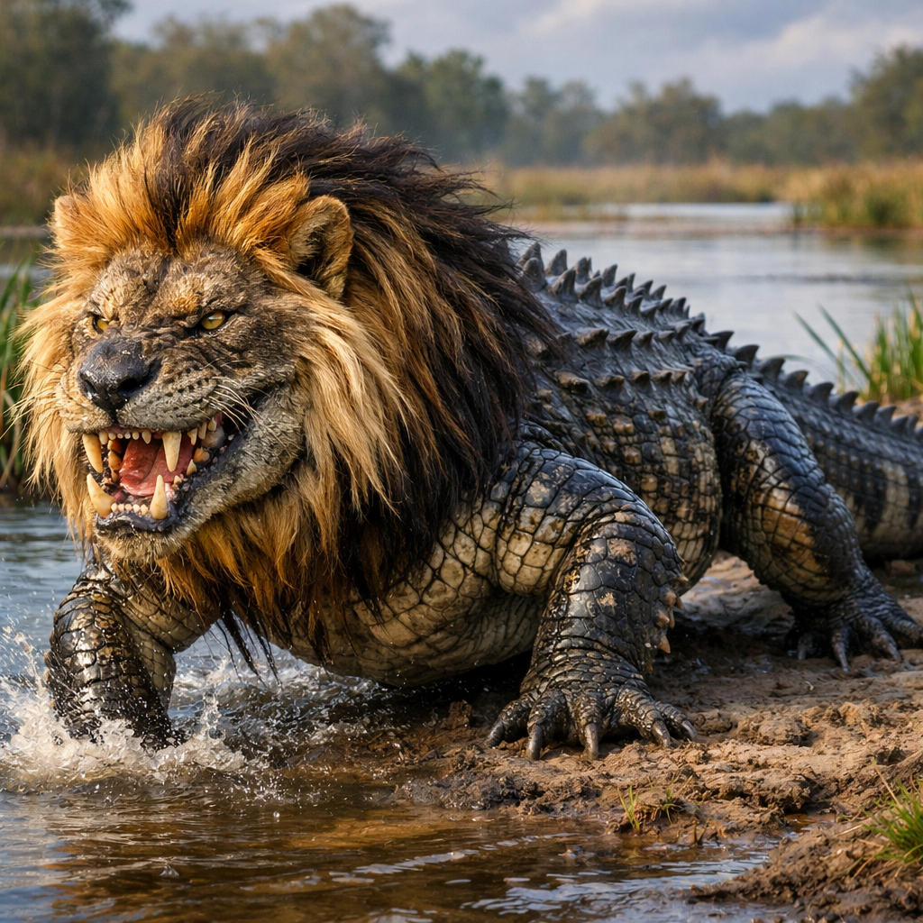 Crocodlion, an AI-generated hybrid of Crocodile and Lion