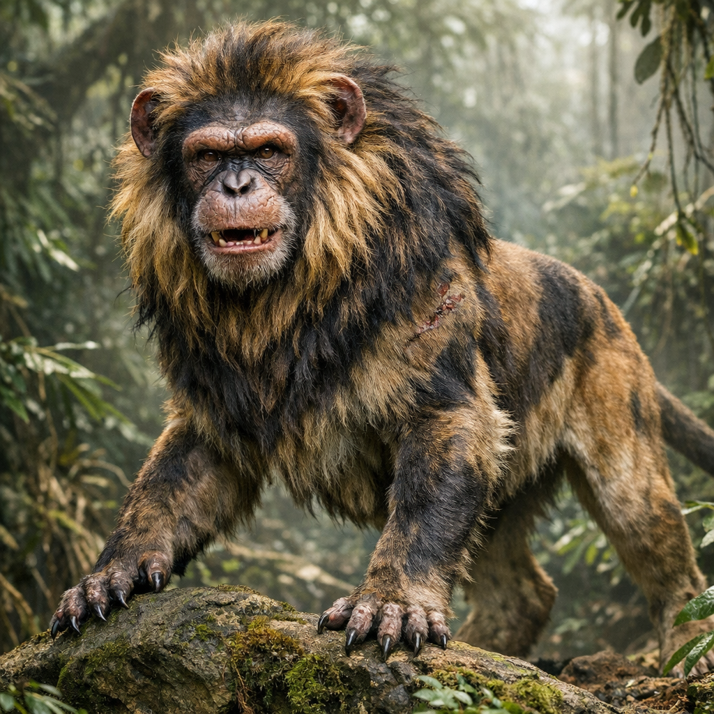 Chimpion, an AI-generated hybrid of Chimpanzee and Lion