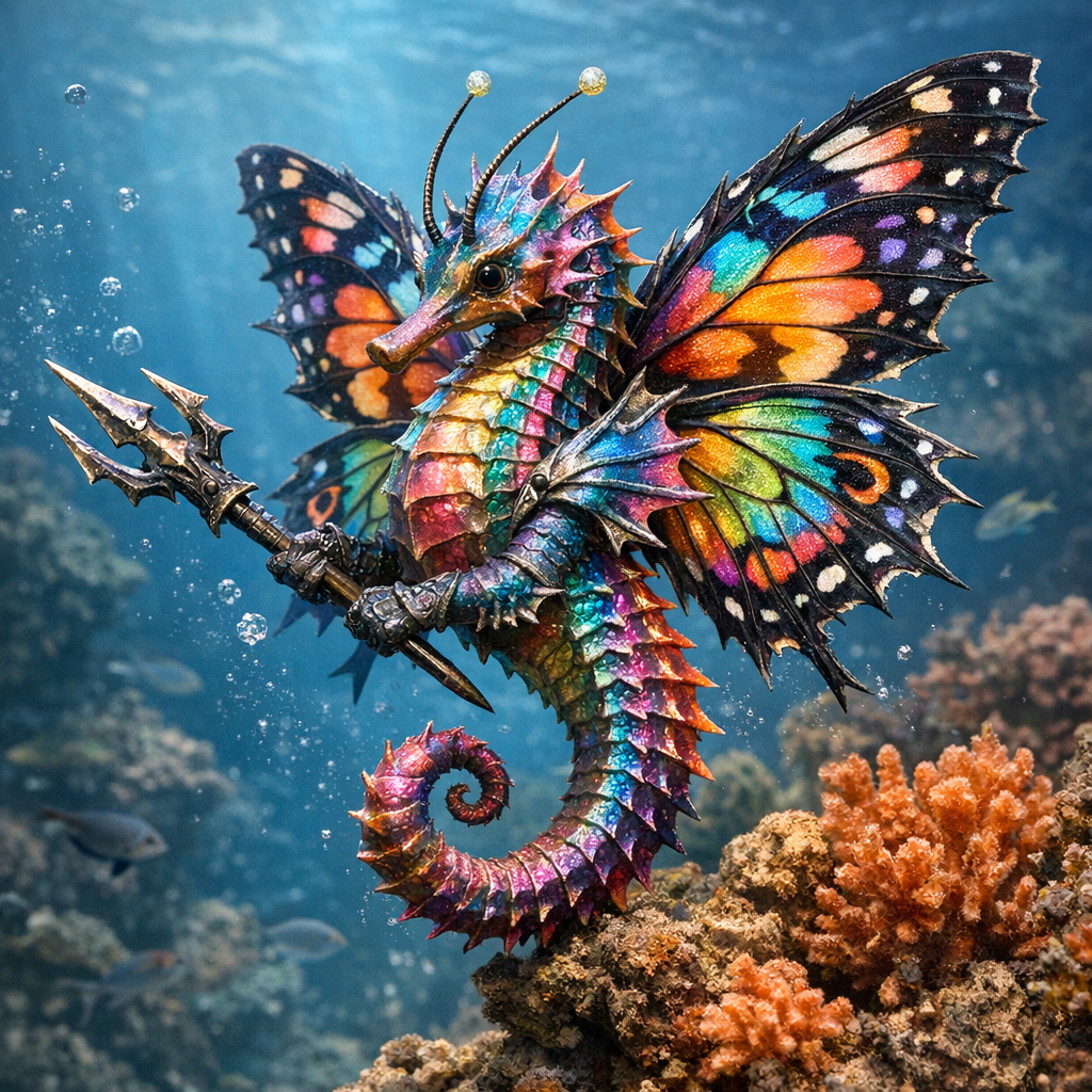 Seabutter, an AI-generated hybrid of Seahorse and Butterfly