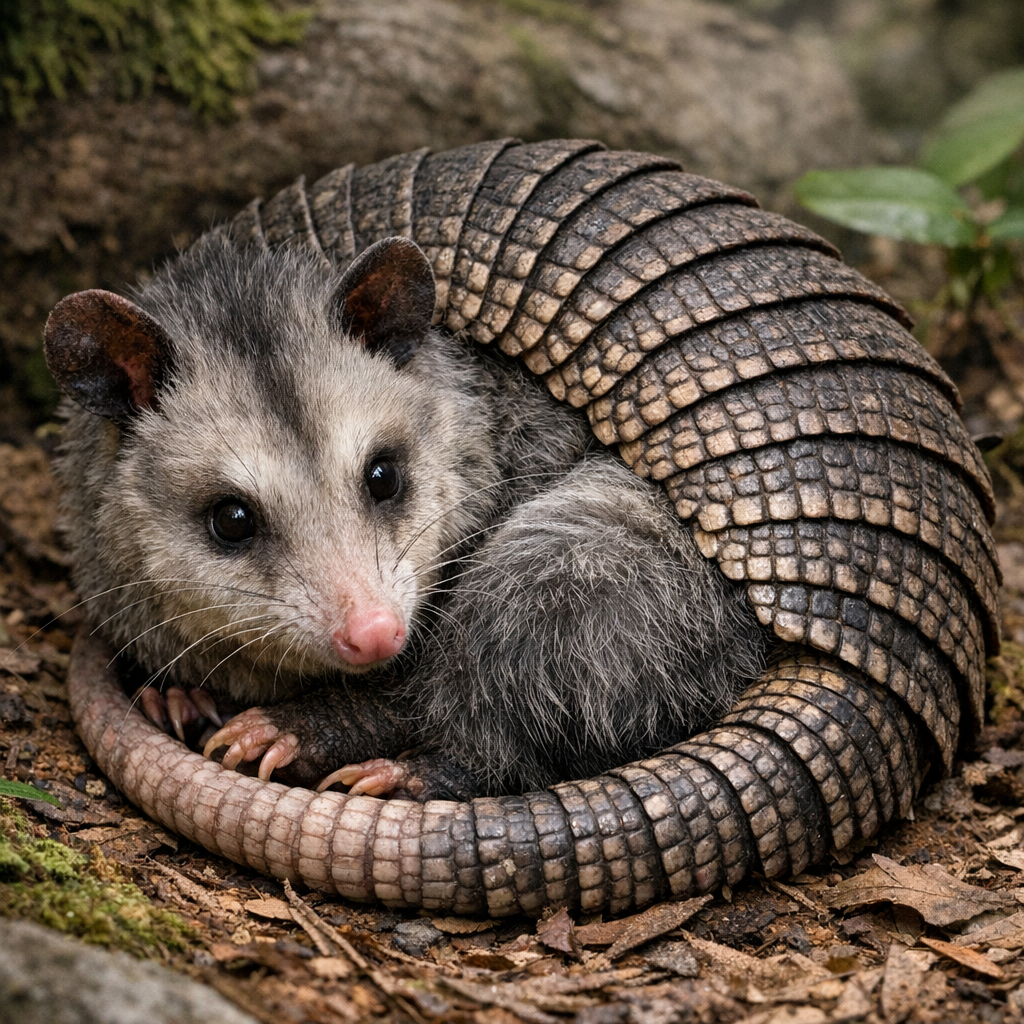 Oparmadillo, an AI-generated hybrid of Opossum and Armadillo