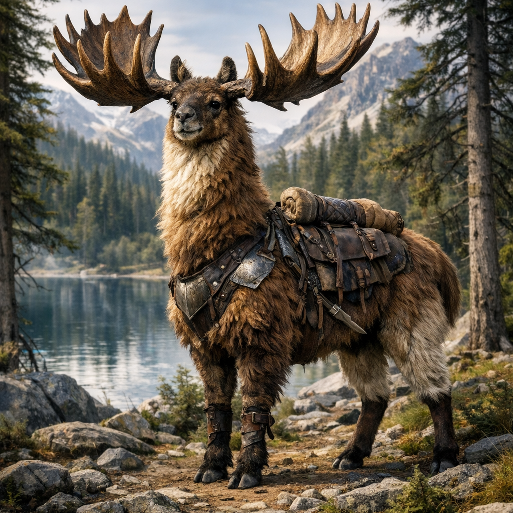 Llamoose, an AI-generated hybrid of Llama and Moose