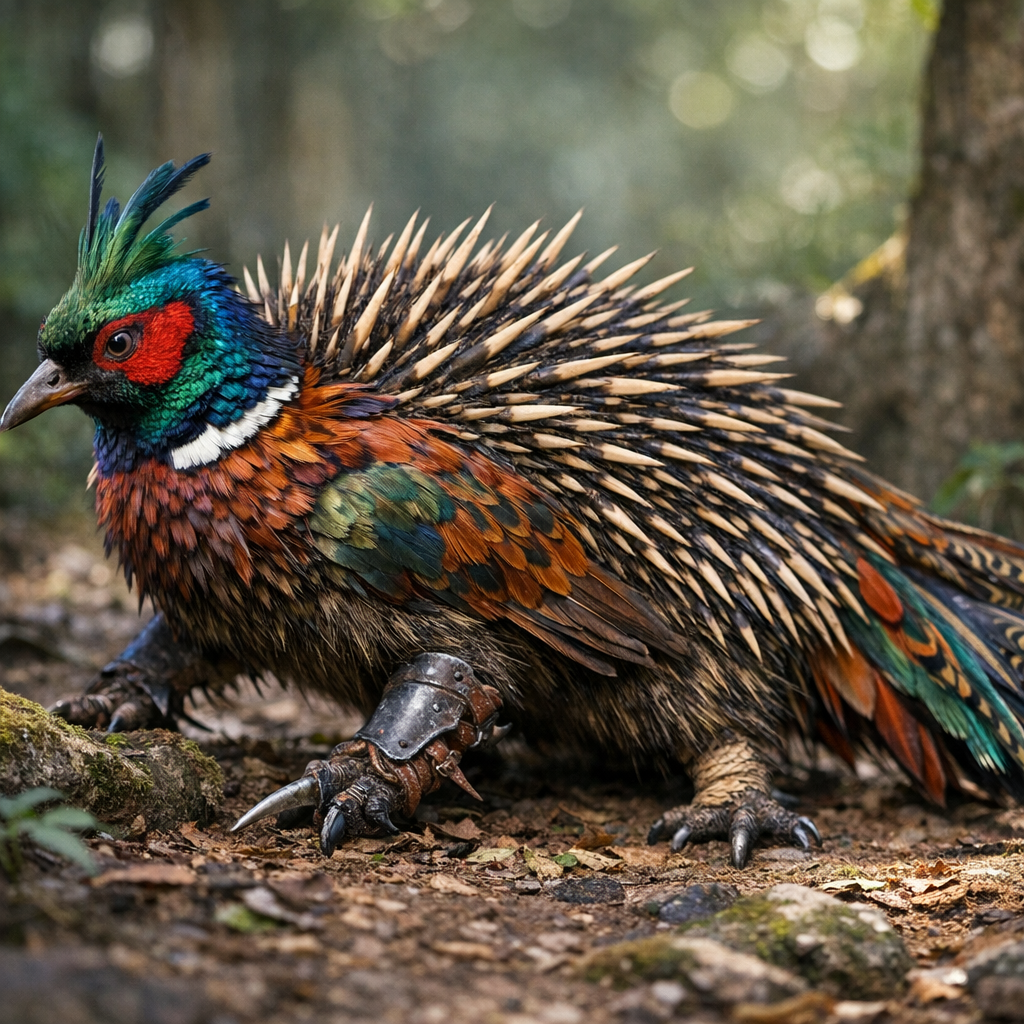 Echipeasant, an AI-generated hybrid of Echidna and Pheasant