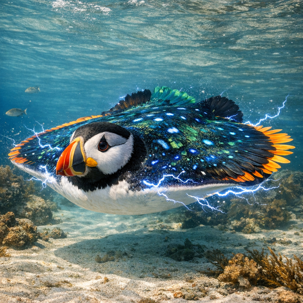 ElectroPuff, an AI-generated hybrid of Electric Ray and Puffin