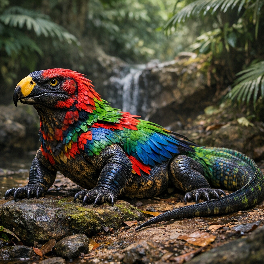 KomoParrot, an AI-generated hybrid of Komodo Dragon and Parrot