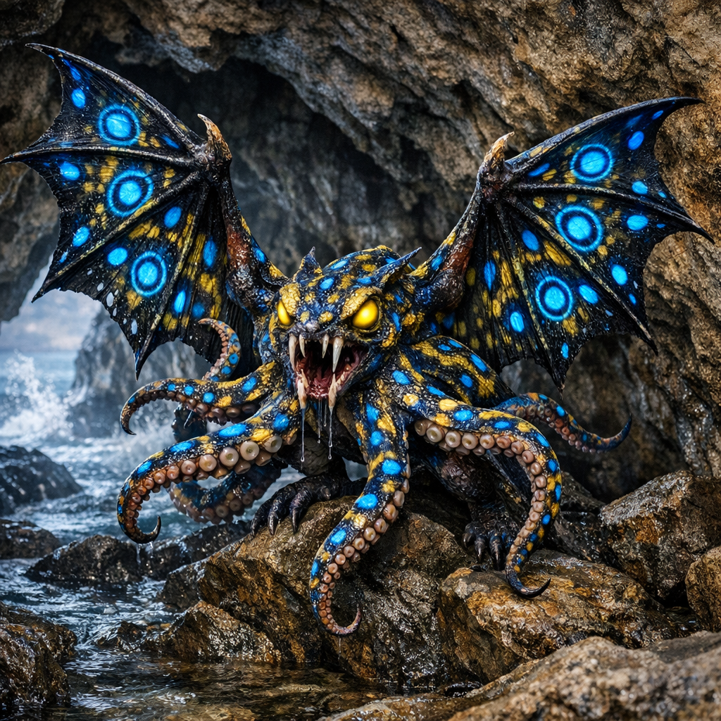 Batlucus, an AI-generated hybrid of Bat and blue ring octopus