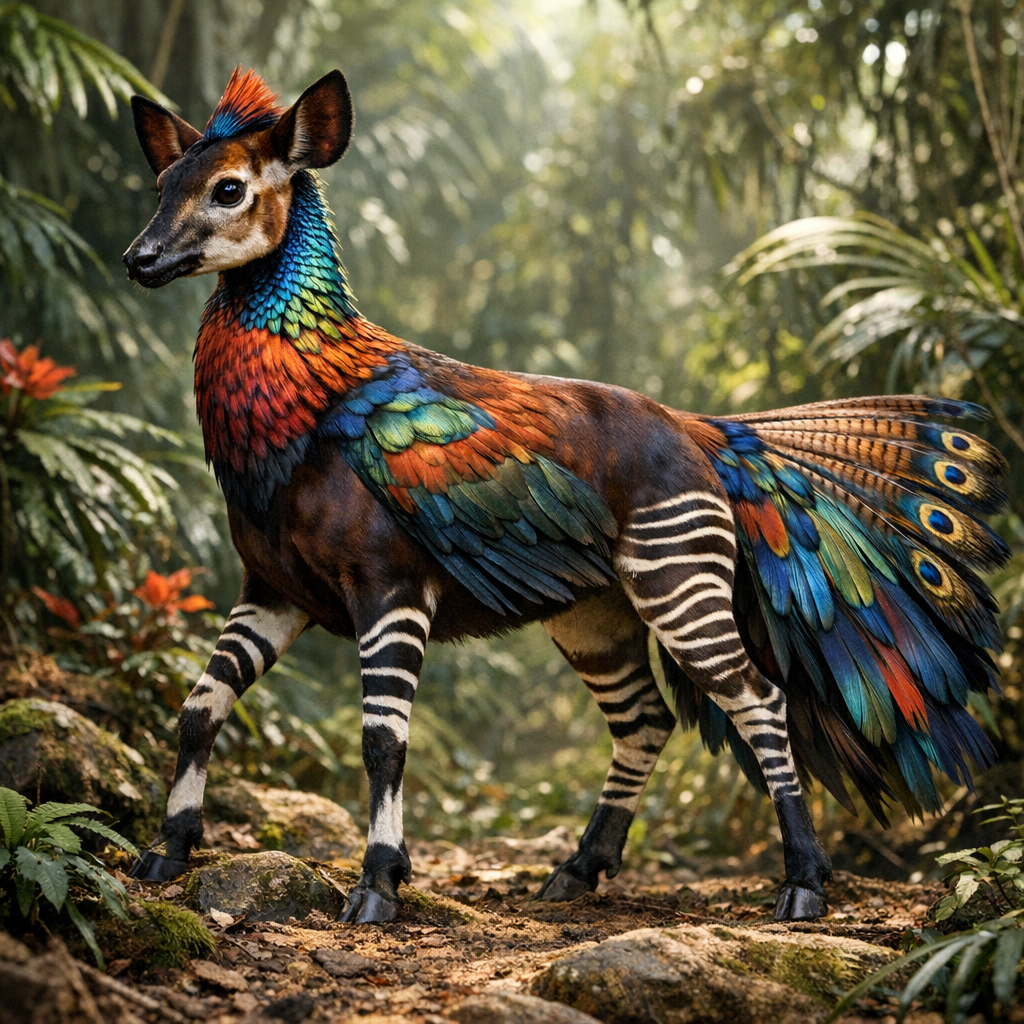 Okpheasant, an AI-generated hybrid of Okapi and Pheasant